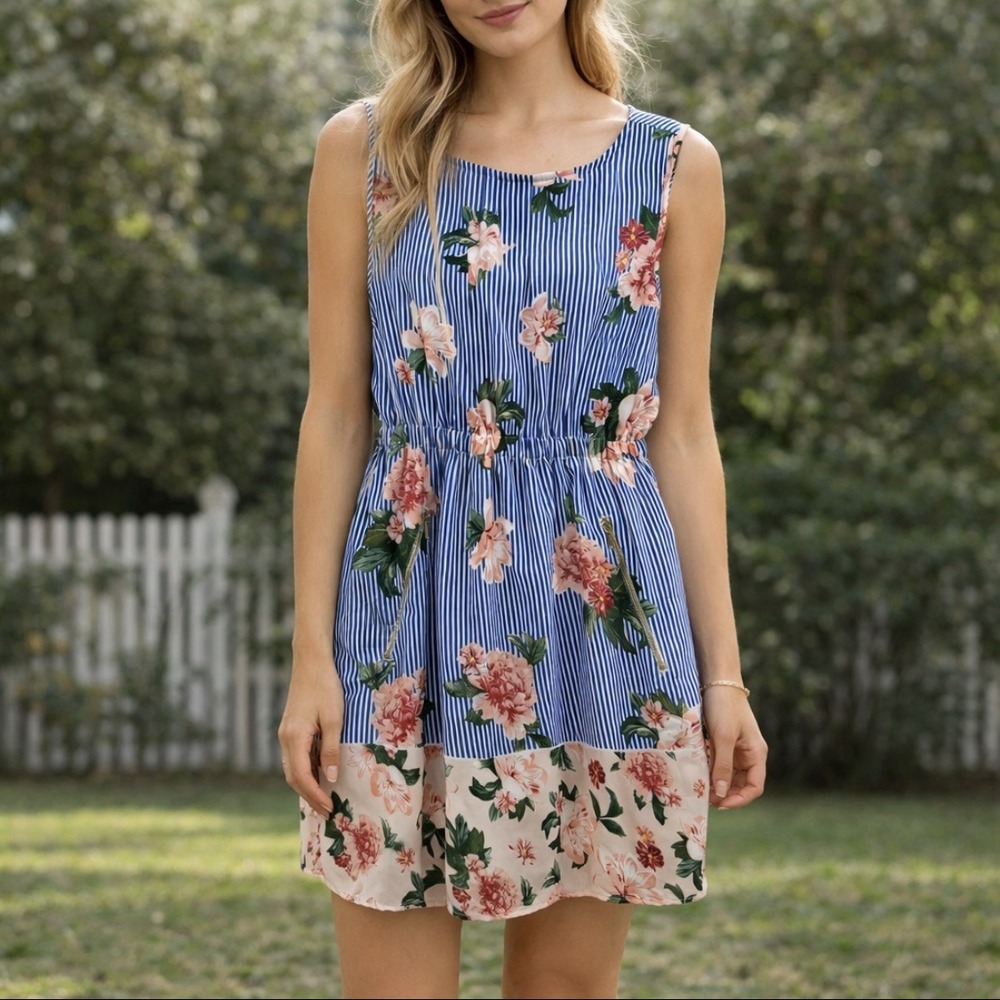 Blue White Stripe Floral Midi Dress XL Cottagecore Pockets Preppy Proper New Tag